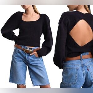 Free People Saffron Open Back Sweater Womens Medium Black Square Neck Ribbed